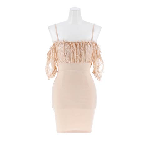 11/12新作!オフショルで鎖骨チラ見せあざとかわいいキャバドレス[SML/3サイズ展開](ベージュ-Sサイズ)