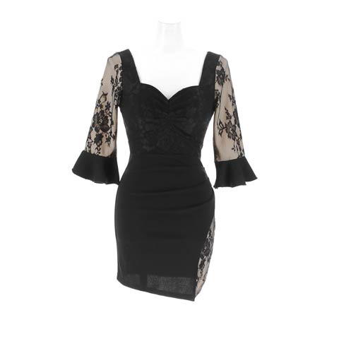 11/10新作!まるで素肌のようにカバーする透けレース袖キャバドレス[SML/3サイズ展開](ブラック-Sサイズ)