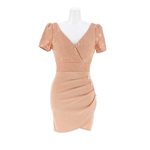 11/17新作!美デコルテ＆谷間魅せカシュクールレース上品パールビジュー半袖タイトミニ丈キャバドレス[SML/3サイズ展開](ピンクベージュ-Sサイズ)