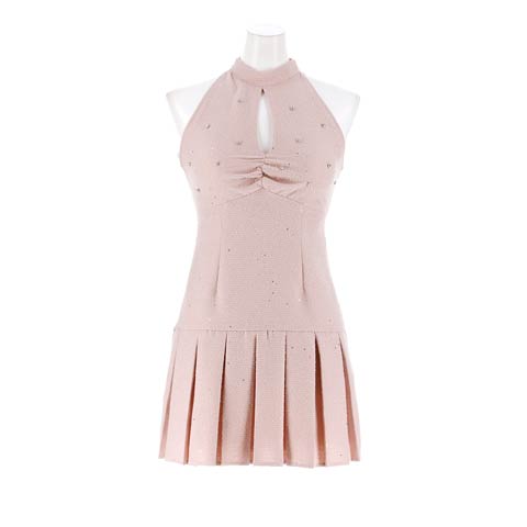 12/19新作!大人SEXYアメスリ胸元カット×ツイードビジュー華奢魅せプリーツAラインミニ丈キャバドレス[SML/3サイズ展開](ピンク-Sサイズ)