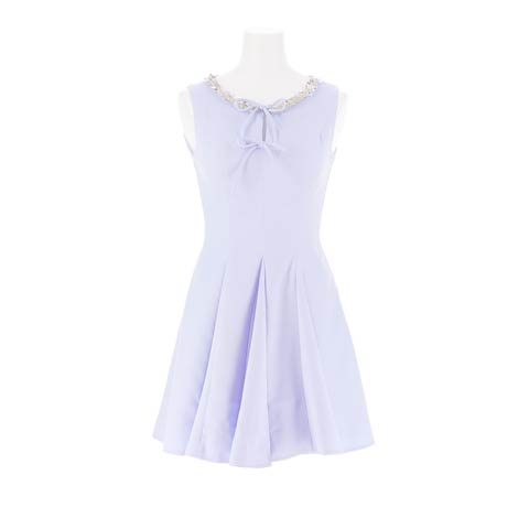 4/22新作!着るだけで上品モテ間違いなし♪顔周り華やかなビジューリボン×スタイル爆盛れAラインミニ丈キャバドレス[SML/3サイズ展開](ライトブルー-Sサイズ)