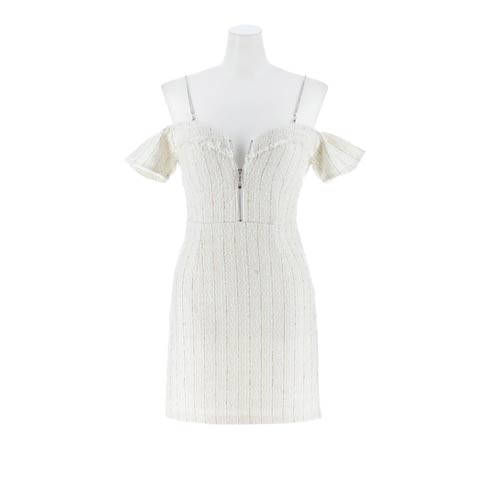 12/1新作!SEXYなオフショル胸元ジップに肩紐ビジューが輝くツイードミニ丈キャバドレス[SML/3サイズ展開](アイボリー-Sサイズ)