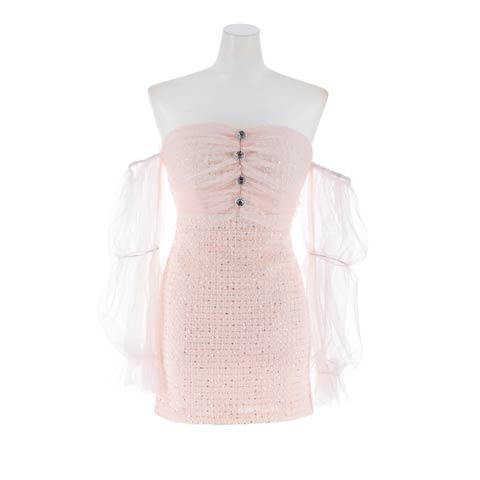 12/12新作![伊藤桃々着用]輝くスパンコールツイードに肩見せでSEXYなオフショル×ギャザーチュール袖ミニ丈キャバドレス(ピンク-Sサイズ)