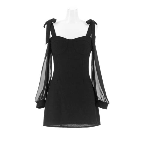 1/9新作!透けシアー袖が上品ツイードオフショルリボンAラインミニ丈キャバドレス[SML/3サイズ展開](ブラック-Sサイズ)