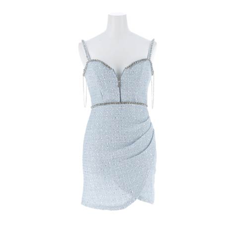 3/6新作![伊藤桃々着用]ビジュー煌めく上品春色ツイードの谷間魅せジップタイトミニ丈キャバドレス[SML/3サイズ展開](ブルー-Sサイズ)