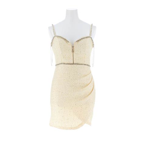 3/6新作![伊藤桃々着用]ビジュー煌めく上品春色ツイードの谷間魅せジップタイトミニ丈キャバドレス[SML/3サイズ展開](イエロー-Sサイズ)