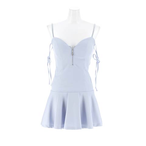 1/21新作!ビジュー煌めくキャミソール胸元ジップ細魅せプリーツAラインミニ丈キャバドレス[SML/3サイズ展開](ライトブルー-Sサイズ)