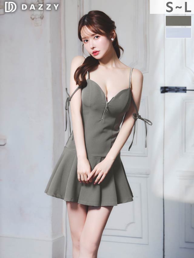 1/21新作!ビジュー煌めくキャミソール胸元ジップ細魅せプリーツAラインミニ丈キャバドレス[SML/3サイズ展開]