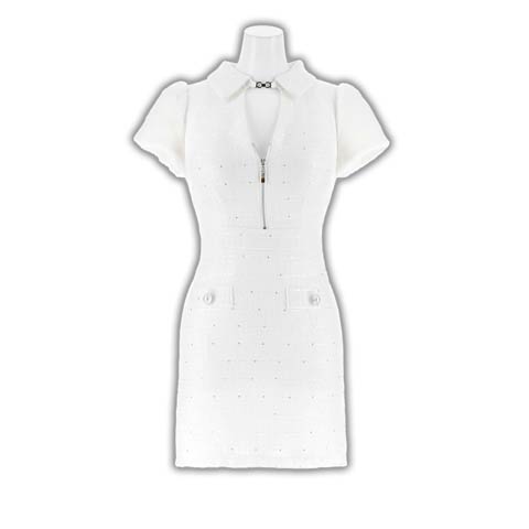 12/15新作![明日花キララ着用]輝く襟つきラメツイード×胸元ジップ半袖タイトミニ丈キャバドレス[SML/3サイズ展開](ホワイト-Sサイズ)