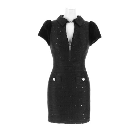 12/15新作![明日花キララ着用]輝く襟つきラメツイード×胸元ジップ半袖タイトミニ丈キャバドレス[SML/3サイズ展開](ブラック-Sサイズ)