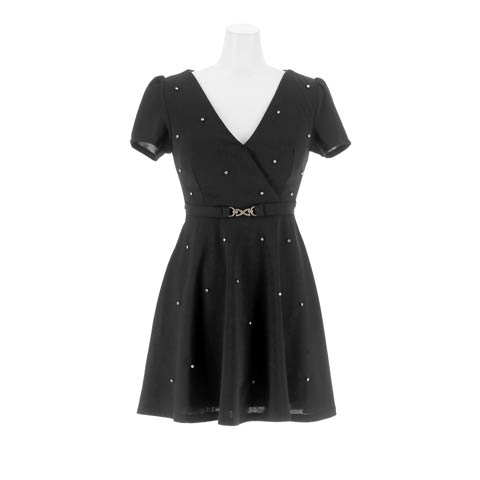 11/19新作!脚長効果ベルトモチーフに輝くラインストーンがPointの半袖Aラインミニ丈キャバドレス(ブラック-Sサイズ)