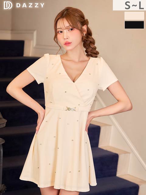 11/19新作!脚長効果ベルトモチーフに輝くラインストーンがPointの半袖Aラインミニ丈キャバドレス