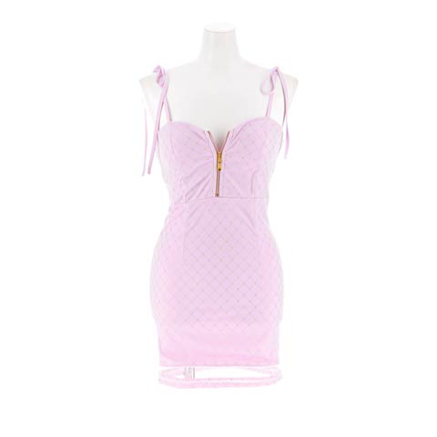 11/28新作!えちえち谷間魅せジップに肩紐リボンと輝くラメ格子柄がPointなキャミソールタイトミニ丈キャバドレス(ラベンダー-Sサイズ)