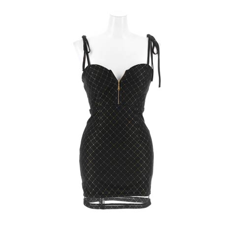 11/28新作!えちえち谷間魅せジップに肩紐リボンと輝くラメ格子柄がPointなキャミソールタイトミニ丈キャバドレス(ブラック-Sサイズ)