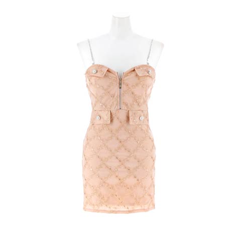 11/26新作!SEXY谷間ジップ×輝くビジュー肩紐にオシャレなフラワー刺繍格子柄キャミソールタイトミニ丈キャバドレス(ピンク-Sサイズ)