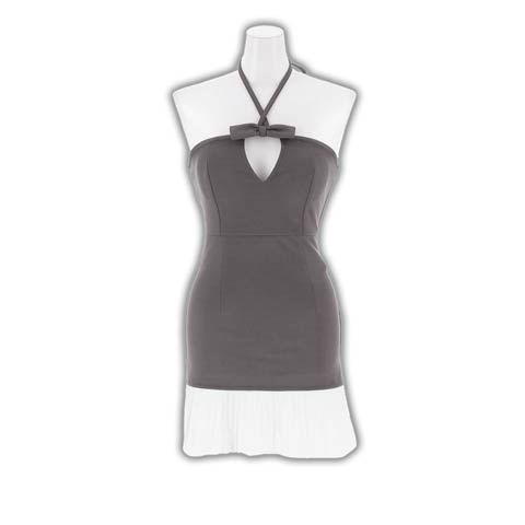 11/19新作!ホルターネックリボンに谷間から目が離せないプリーツマーメイド型ミニ丈キャバドレス(グレー-Sサイズ)