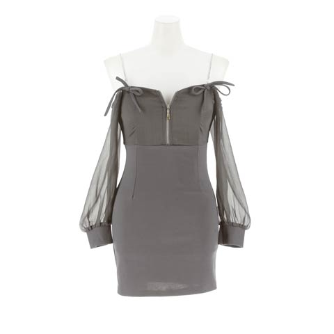 11/28新作!谷間魅せジップに肩紐ビジュー×リボンがPointのオフショル長袖タイトミニ丈キャバドレス(グレー-Sサイズ)