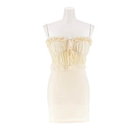 11/21新作!輝くビジュー肩紐にえちえちな谷間魅せがPointなリボンフリルタイトミニ丈キャバドレス[SML/3サイズ展開](アイボリー-Sサイズ)