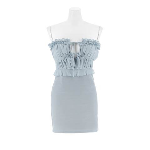 11/21新作!輝くビジュー肩紐にえちえちな谷間魅せがPointなリボンフリルタイトミニ丈キャバドレス[SML/3サイズ展開](ブルー-Sサイズ)