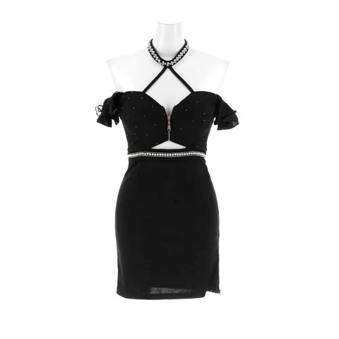 11/28新作!超セクシーなネックのビジューコード×谷間ジップが周りと差つけるオフショルタイトミニ丈キャバドレス*(ブラック-Sサイズ)