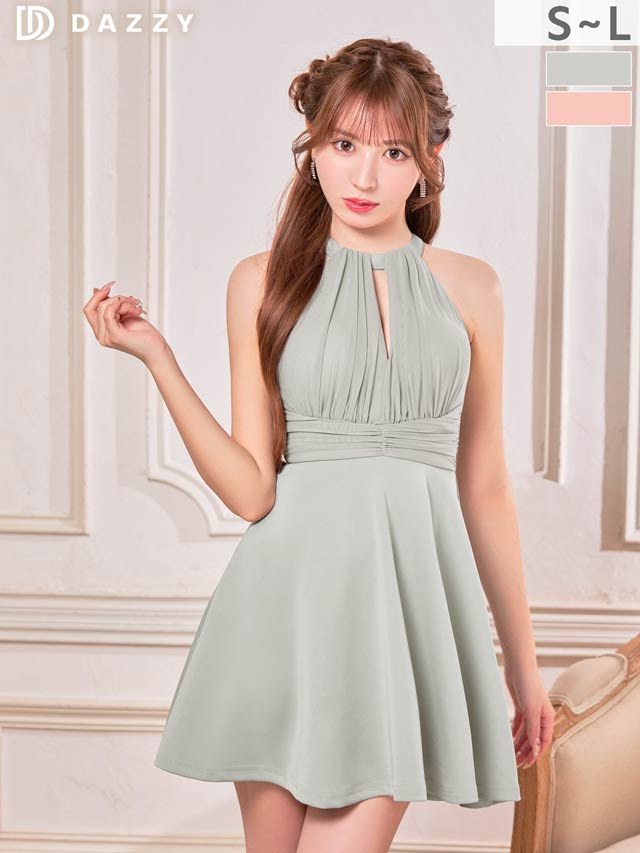 12/17新作!SEXYに魅せつつ体型カバー!!胸元カットギャザーシフォンアメスリAラインミニ丈キャバドレス[SML/3サイズ展開]