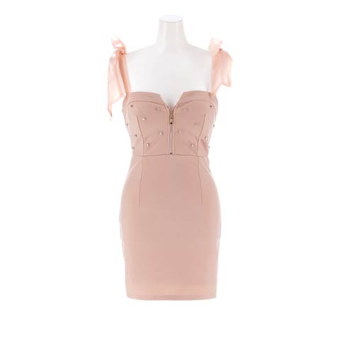 12/3新作!えちかわ肩チュールリボン×谷間ジップに輝くラインストーンタイトミニ丈キャバドレス[SML/3サイズ展開](ピンクベージュ-Sサイズ)