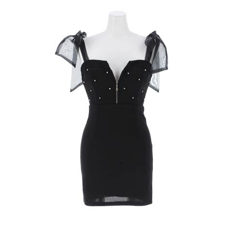 12/3新作!えちかわ肩チュールリボン×谷間ジップに輝くラインストーンタイトミニ丈キャバドレス[SML/3サイズ展開](ブラック-Sサイズ)