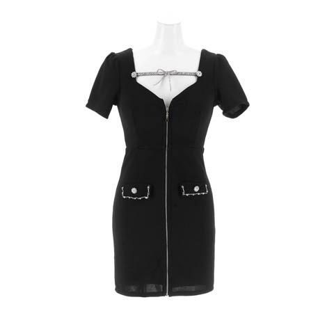 11/25新作!輝くデコルテ魅せリボンビジュー×胸元ジップ半袖ミニ丈キャバドレス[SML/3サイズ展開](ブラック-Sサイズ)