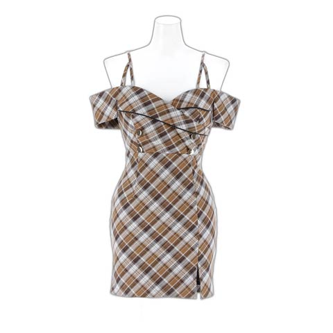 12/12新作!SEXYな肩見せオフショルチェック柄タイトミニ丈キャバドレス[SML/3サイズ展開](ブラウン-Sサイズ)