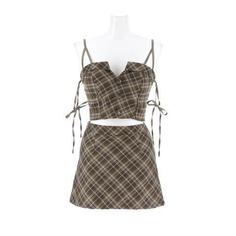 2/4新作!今っぽミニ丈×チェック柄リボンコード付きAラインミニ丈セットアップ[XS~M/3サイズ展開](ブラウン-Sサイズ)