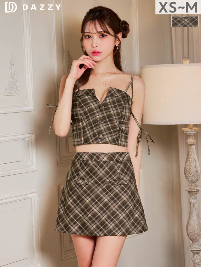 2/4新作!今っぽミニ丈×チェック柄リボンコード付きAラインミニ丈セットアップ[XS~M/3サイズ展開]