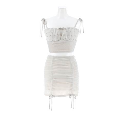 1/26新作![明日花キララ着用]主役級に輝くVネック×ラインストーンギャザータイトミニ丈セットアップドレス(グレージュ-XSサイズ)