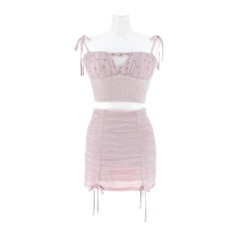 1/26新作![明日花キララ着用]主役級に輝くVネック×ラインストーンギャザータイトミニ丈セットアップドレス(ピンク-XSサイズ)