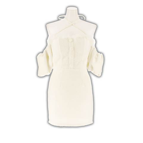 12/19新作!デコルテ魅せクロスに肩見せオフショルでSEXYなファー付パフスリーブタイトミニ丈キャバドレス[SML/3サイズ展開](アイボリー-Sサイズ)