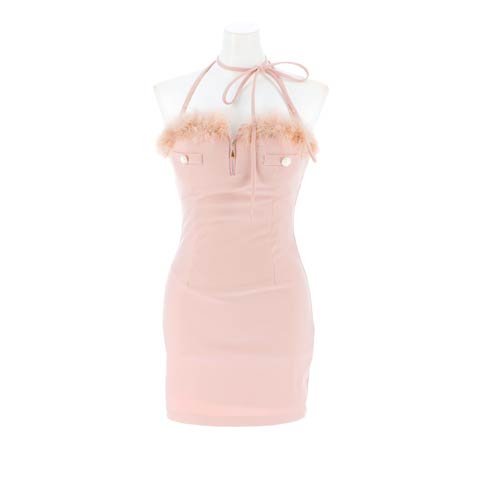12/19新作!クロスしてもOK!!SEXYホルターネックファー谷間ジップタイトミニ丈キャバドレス[SML/3サイズ展開](ダスティピンク-Sサイズ)
