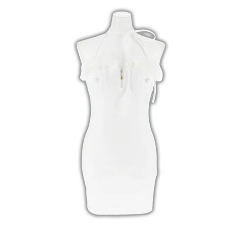 12/19新作!クロスしてもOK!!SEXYホルターネックファー谷間ジップタイトミニ丈キャバドレス[SML/3サイズ展開](ホワイト-Sサイズ)