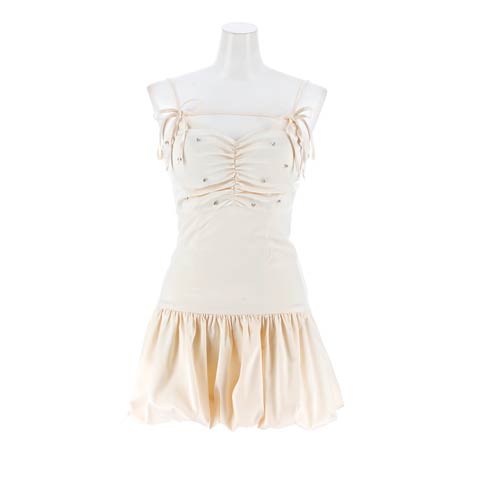 1/13新作![明日花キララ着用]なめらかサテンが女性らしいビジューバルーンスカートAラインミニ丈キャバドレス[SML/3サイズ展開](アイボリー-Sサイズ)