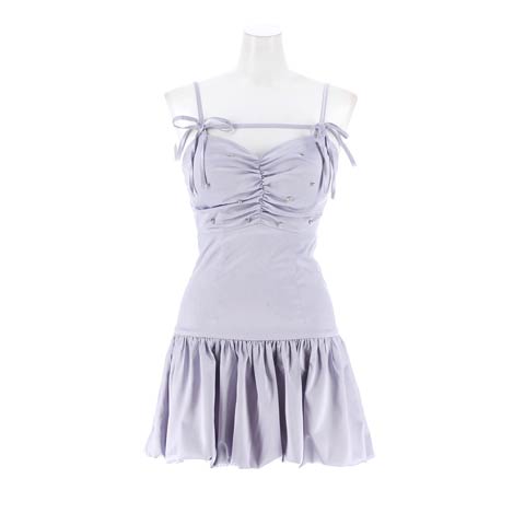 1/13新作![明日花キララ着用]なめらかサテンが女性らしいビジューバルーンスカートAラインミニ丈キャバドレス[SML/3サイズ展開](ブルーグレー-Sサイズ)