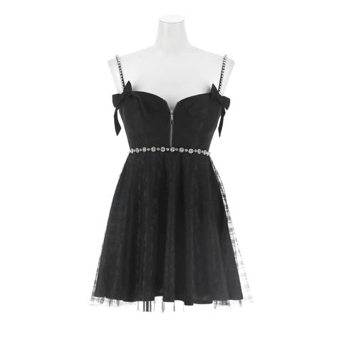 1/28新作!【バレンタインドレス】えちあまチェックリボン×輝くビジュー胸元ジップAラインキャミソールミニ丈キャバドレス(ブラック-Sサイズ)