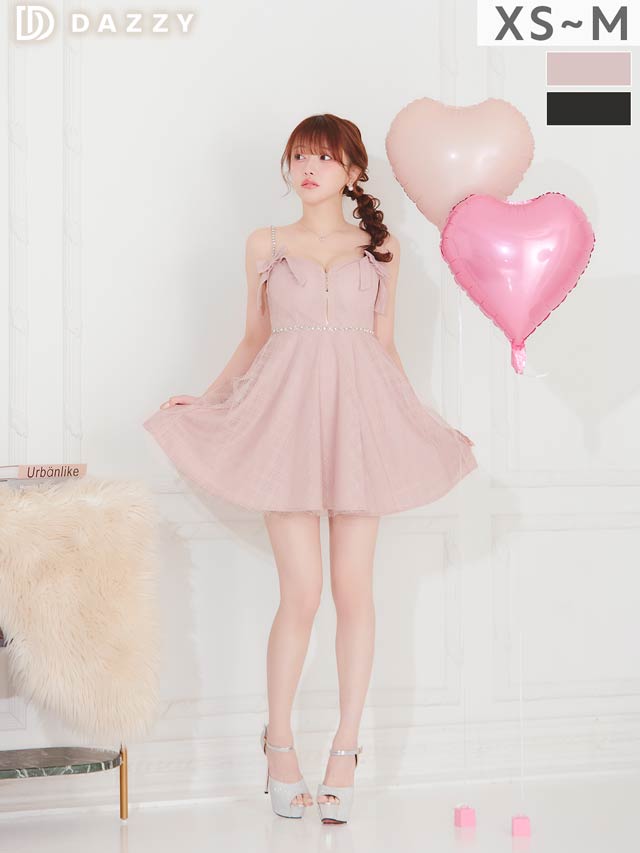 1/28新作!【バレンタインドレス】えちあまチェックリボン×輝くビジュー胸元ジップAラインキャミソールミニ丈キャバドレス