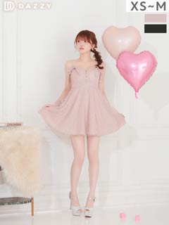 1/28新作!【バレンタインドレス】えちあまチェックリボン×輝くビジュー胸元ジップAラインキャミソールミニ丈キャバドレス