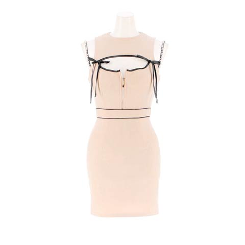 1/23新作!えちあまリボン谷間ジップホールバイカラービジュータイトミニ丈キャバドレス[SML/3サイズ展開](アイボリー-Sサイズ)