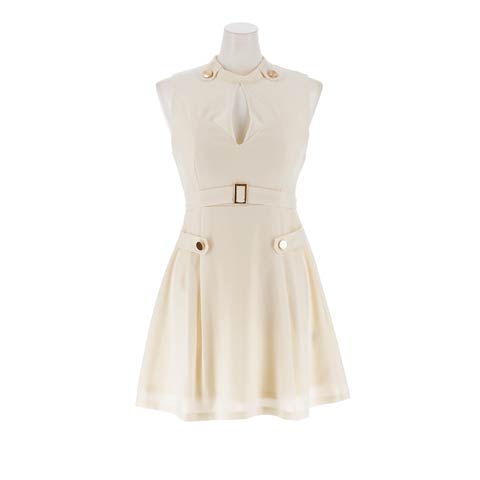 12/17新作!大人SEXYに決める!!胸元カットに脚長効果◎なハイネック×ベルトモチーフ付ノースリーブAラインミニ丈キャバドレス(アイボリー-Sサイズ)