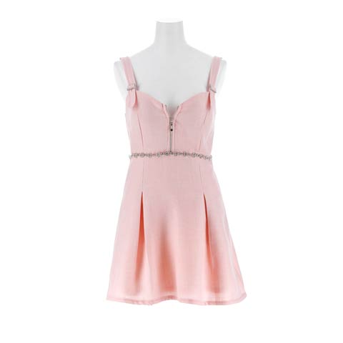 3/6新作!体型カバーできるフロントジップ×ウエストビジューの上品ツイードAラインミニ丈キャバドレス[SML/3サイズ展開](ピンク-Sサイズ)