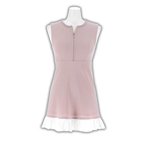 1/28新作!【バレンタインドレス】輝くビジューストーン×フリルAラインSEXY胸元ジップノースリーブミニ丈キャバドレス(ピンクベージュ-Sサイズ)