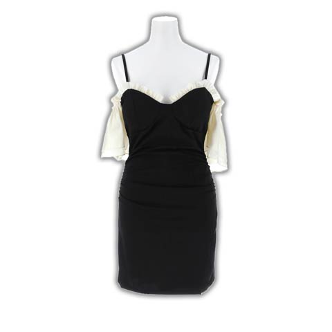 3/23新作!大胆オフショルデコルテ魅せするバイカラーフリルのスリットタイトミニ丈キャバドレス[SML/3サイズ展開](ブラック-Sサイズ)