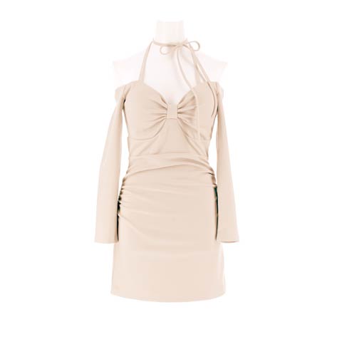 3/2新作!谷間魅せ×二の腕カバーリボンモチーフホルターコードオフショルタイトミニ丈キャバドレス[SML/3サイズ展開][伊藤桃々着用](ベージュ-Sサイズ)