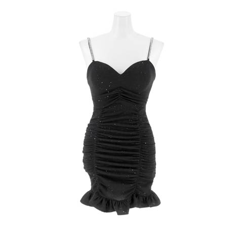 1/21新作!ビジューストーン煌めくギャザーマーメイドタイトキャミミニ丈キャバドレス[SML/3サイズ展開](ブラック-Sサイズ)