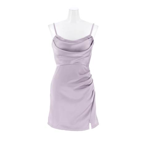 1/26新作![明日花キララ着用]大人上品な光沢ドレープサテンSEXYスリットキャミソールタイトミニ丈キャバドレス(ラベンダー-Sサイズ)