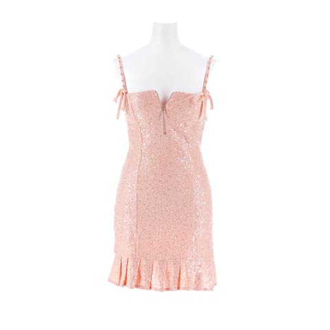 4/1新作![明日花キララ着用]華やか存在感◎スパンコール×谷間魅せジップのキャミソールプリーツタイトミニ丈キャバドレス[SML/3サイズ展開](ピンク-Sサイズ)